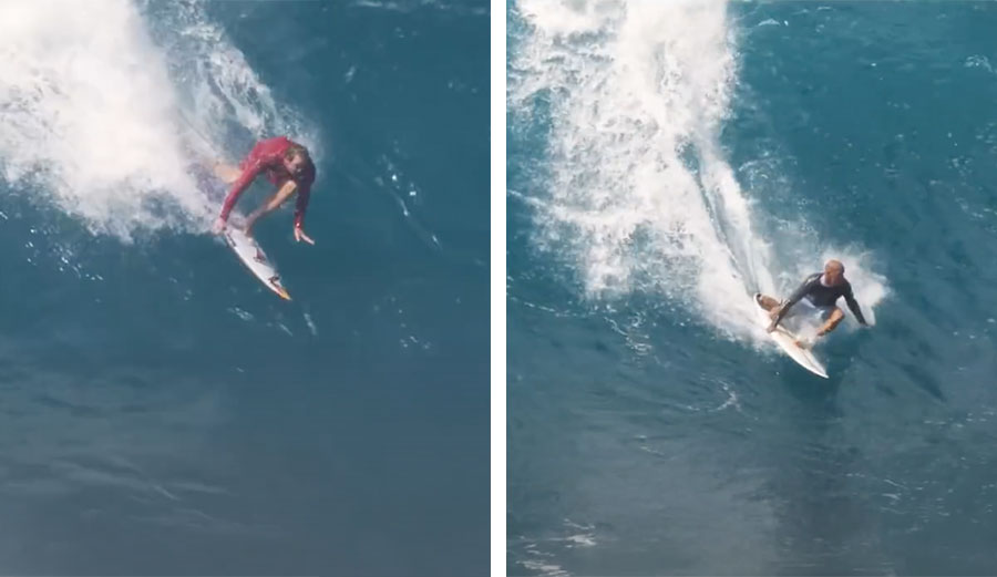 Jamie O'Brien and Kelly Slater surfing at Pipeline