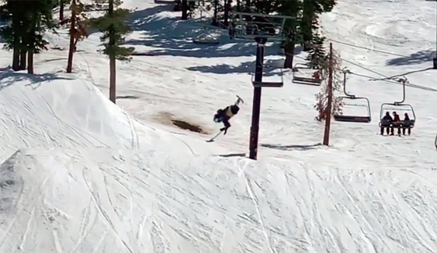 An adaptive skier throws a Cork 720 at the Boreal terrain park