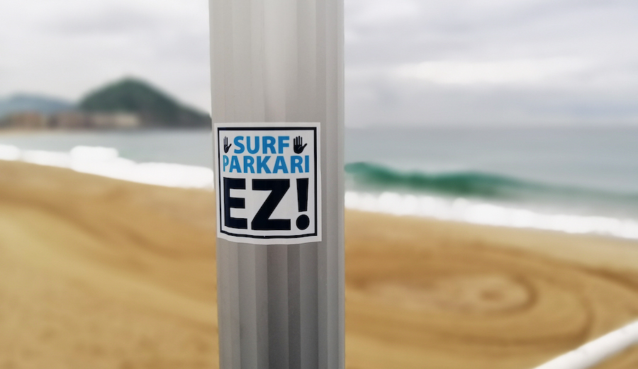 No Surf Park! Reads this Basque-language sticker on a post near Zurriola Beach.