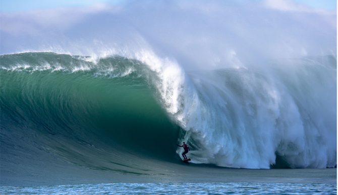 Pete Mel surfing Mavericks
