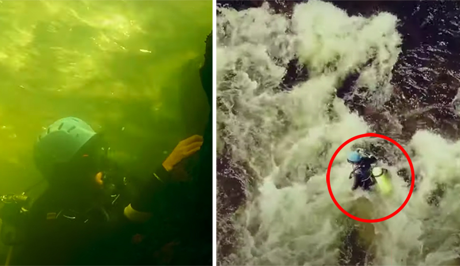 A scuba diver runs a river