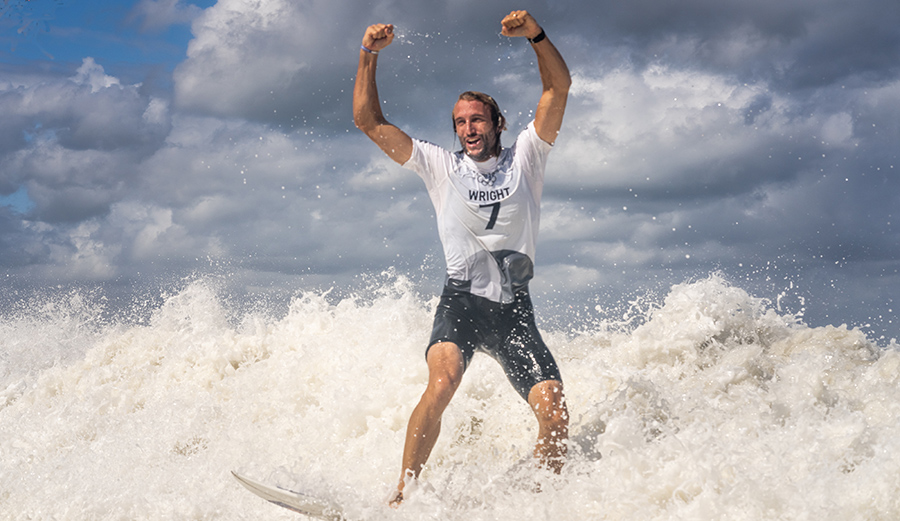Owen Wright celebrates after winning Australias first surfing Olympic medal
