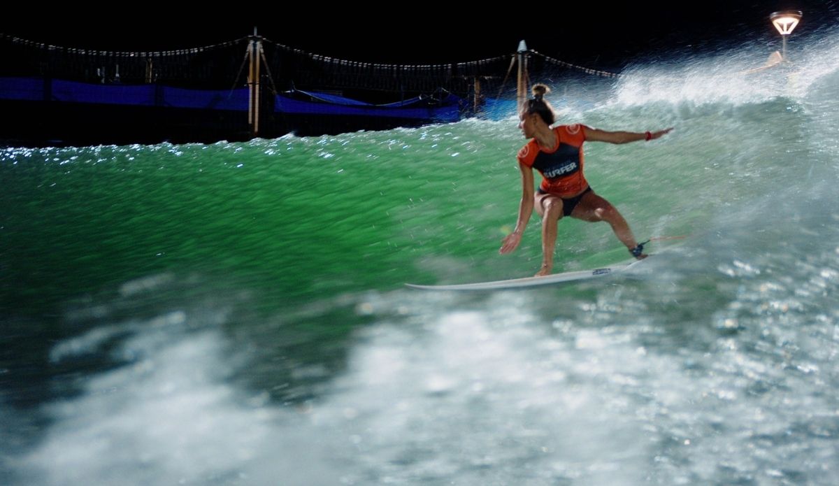 Tia Blanco Surfing on her backhand at the Surf Ranch Ultimate Surfer