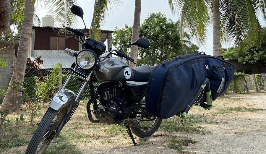 dirtbag surf bag on a motorcycle