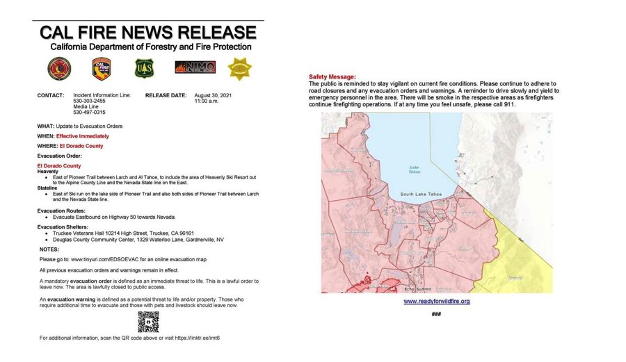 caldor fire news release