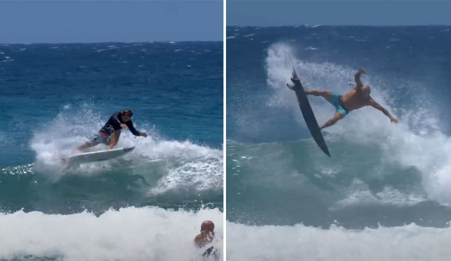 Kelly Slater and Eli Olson surfing