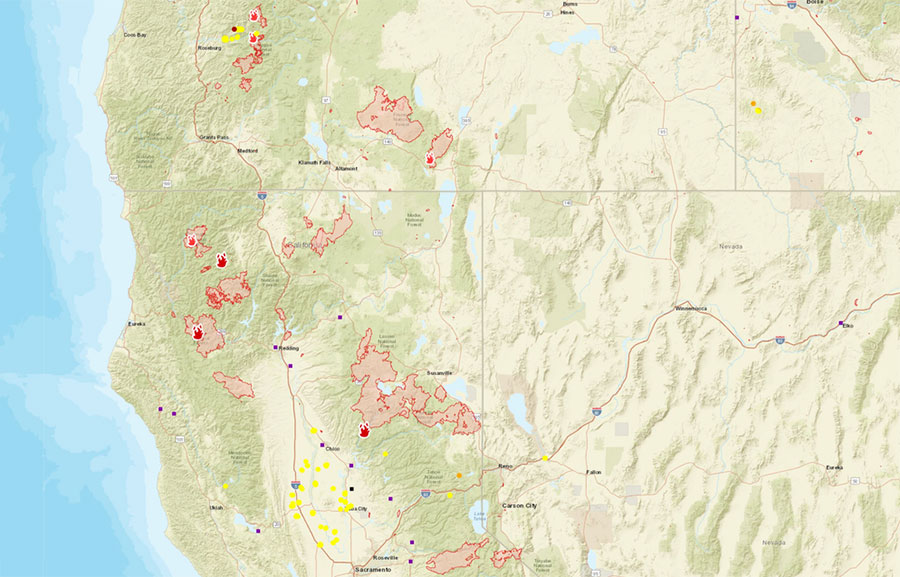 Large parts of northern California and southern Oregon had fires
