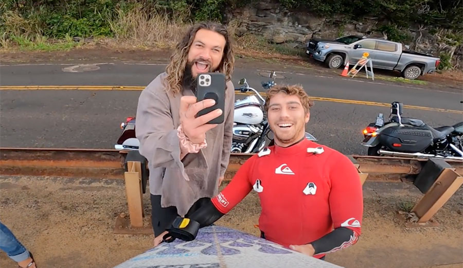 Koa Rothman at Waimea Bay with Jason Momoa