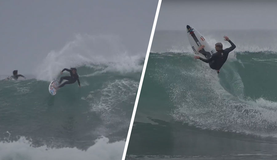 Mason Ho and Mick Fanning surfing at Lowers