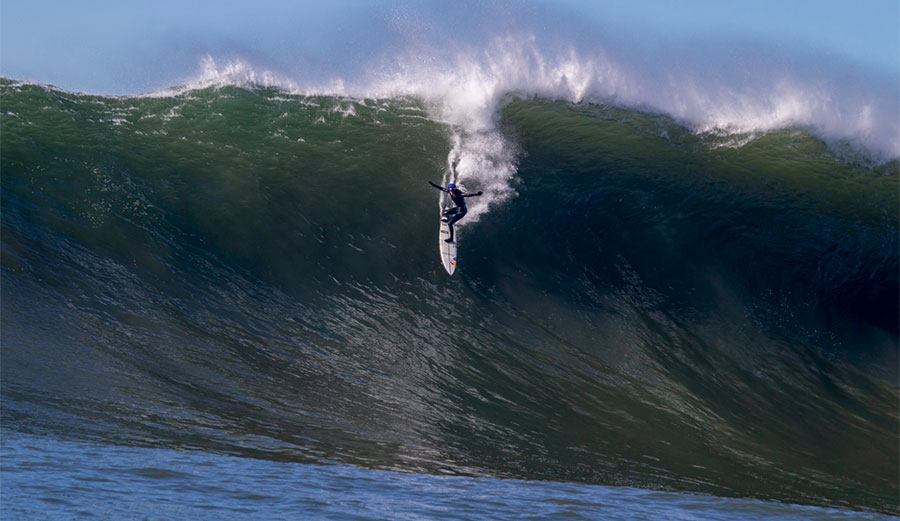 Justine Dupont surfing at Maverick's.