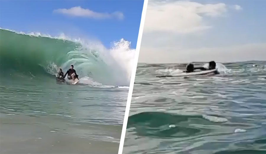 surfer punching boogie boarder