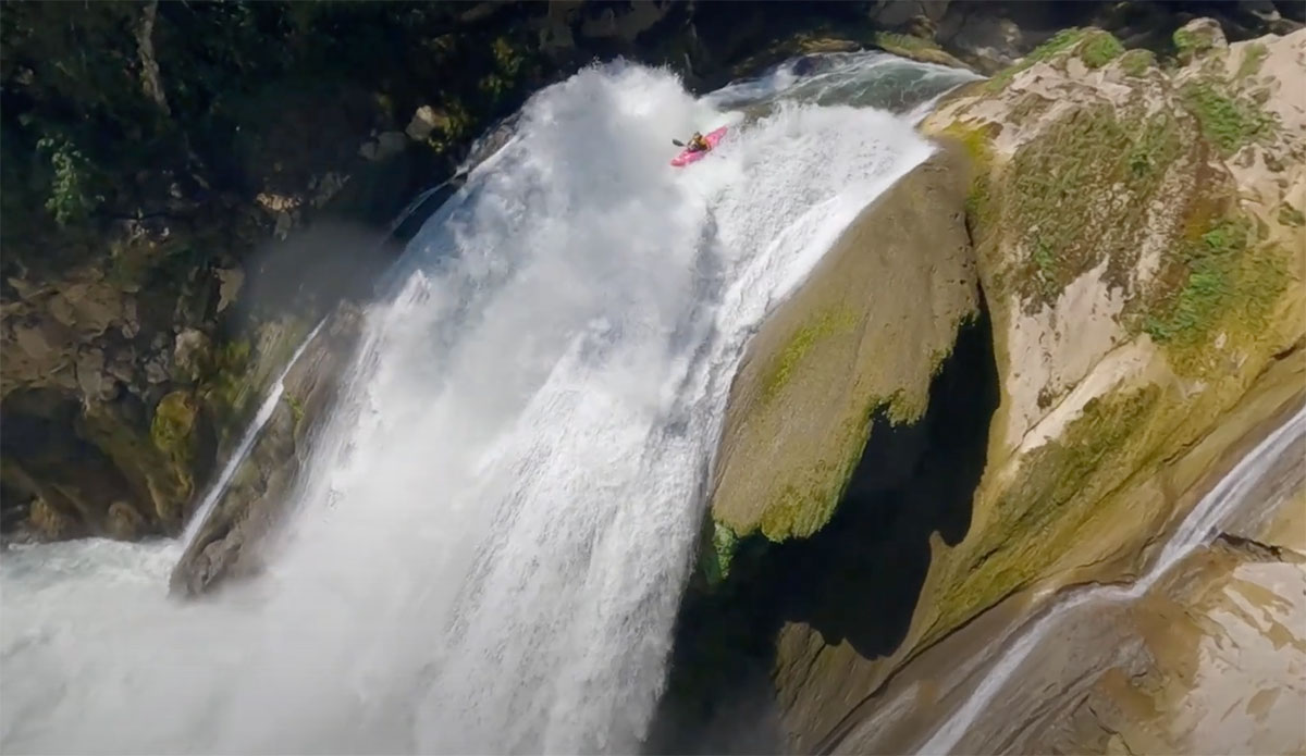 Dane Jackson kayaking on Mexico waterfall