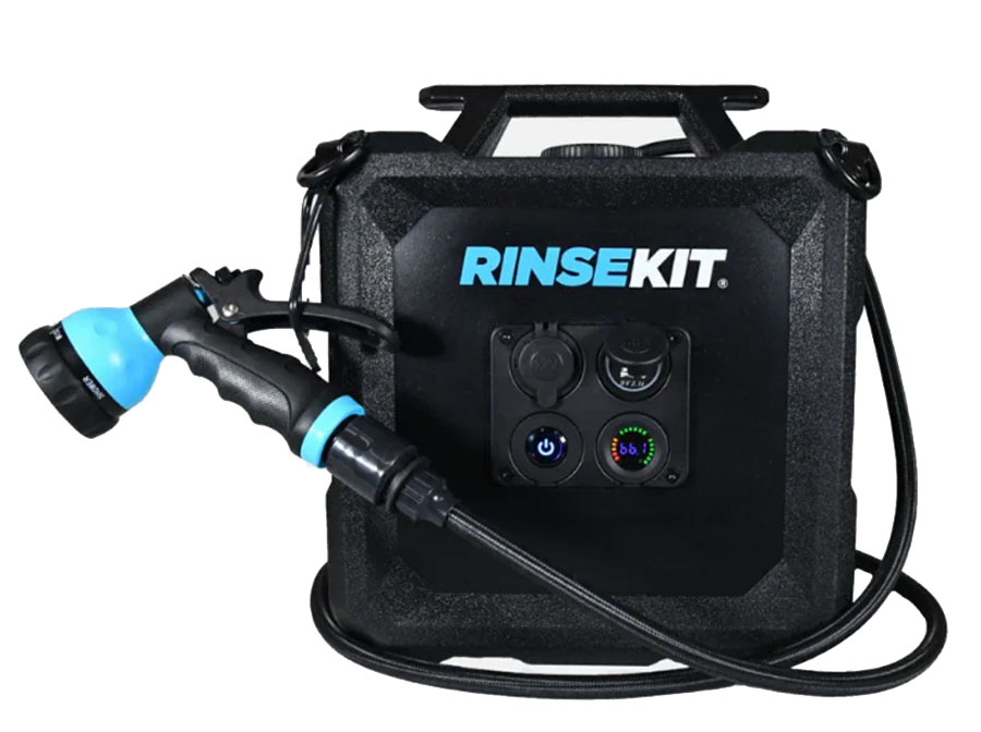 a product shot of the rinsekit cube 4 gallon portable shower