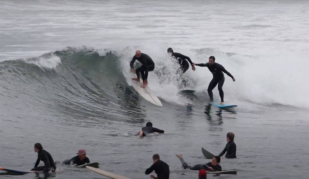 surfing Malibu with crowds