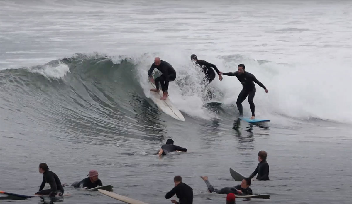 surfing Malibu with crowds