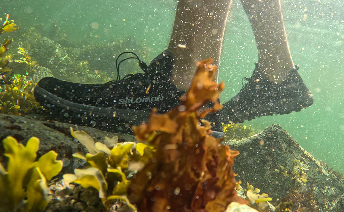 an underwater photo of the salomon techamphibian 5 water shoes walking on some rocks
