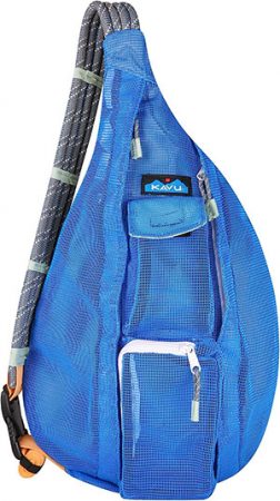 a product shot against a white background of the kavu beach rope bag. it is blue with a single shoulder strap. it was our pick for the best minimalist beach bag.