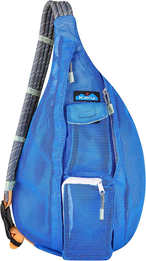 a product shot against a white background of the kavu beach rope bag. it is blue with a single shoulder strap. it was our pick for the best minimalist beach bag.