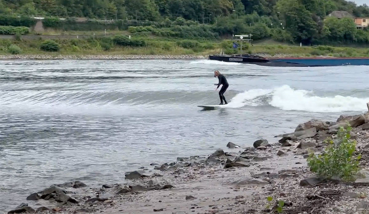 Ben Gravy surfing wave in Germany