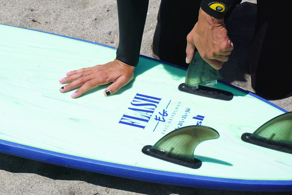 A close up of the fins on an eric geiselman flash board while testing soft tops for our review.