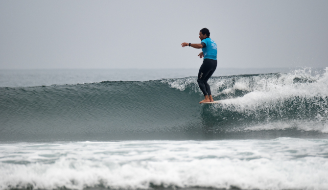 Kai Sallas of Hawaii surfs in Match 4 the Title Match at the Original Sprout Malibu Longboard Championships Presented by Tractor Beverage Company on October 9, 2023 at Malibu, California. (Photo by Keoki Saguibo/World Surf League