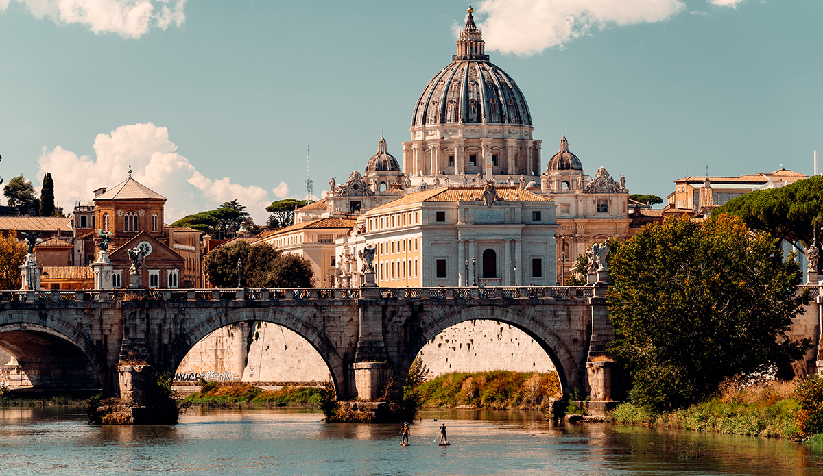 Italian surfer Roby D'Amico SUP'd from the source of the river Tiber, through Rome, to the Mediterranean, to source the pollutants of his local surfbreaks.