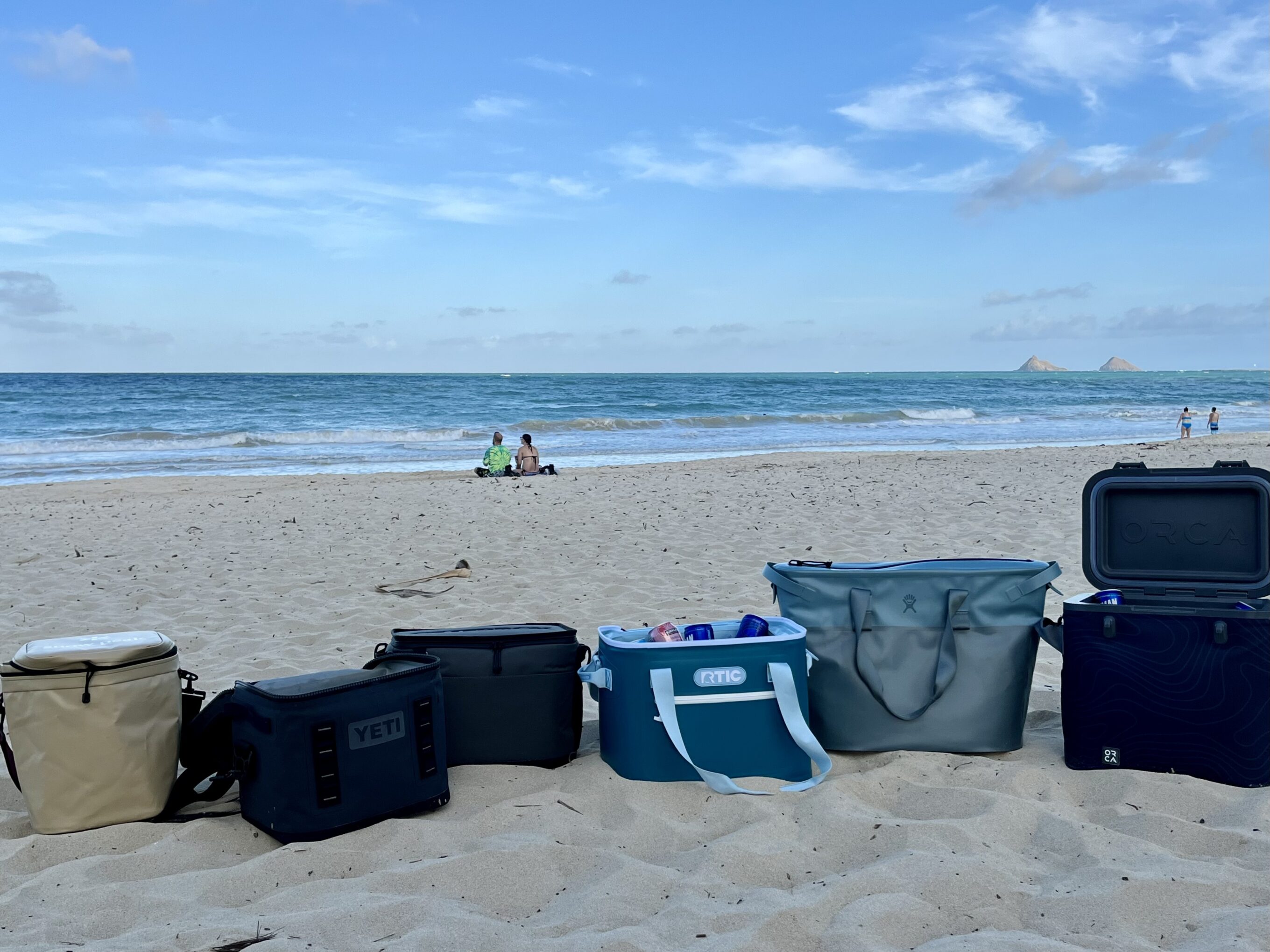 a variety of soft coolers lined up on the beach