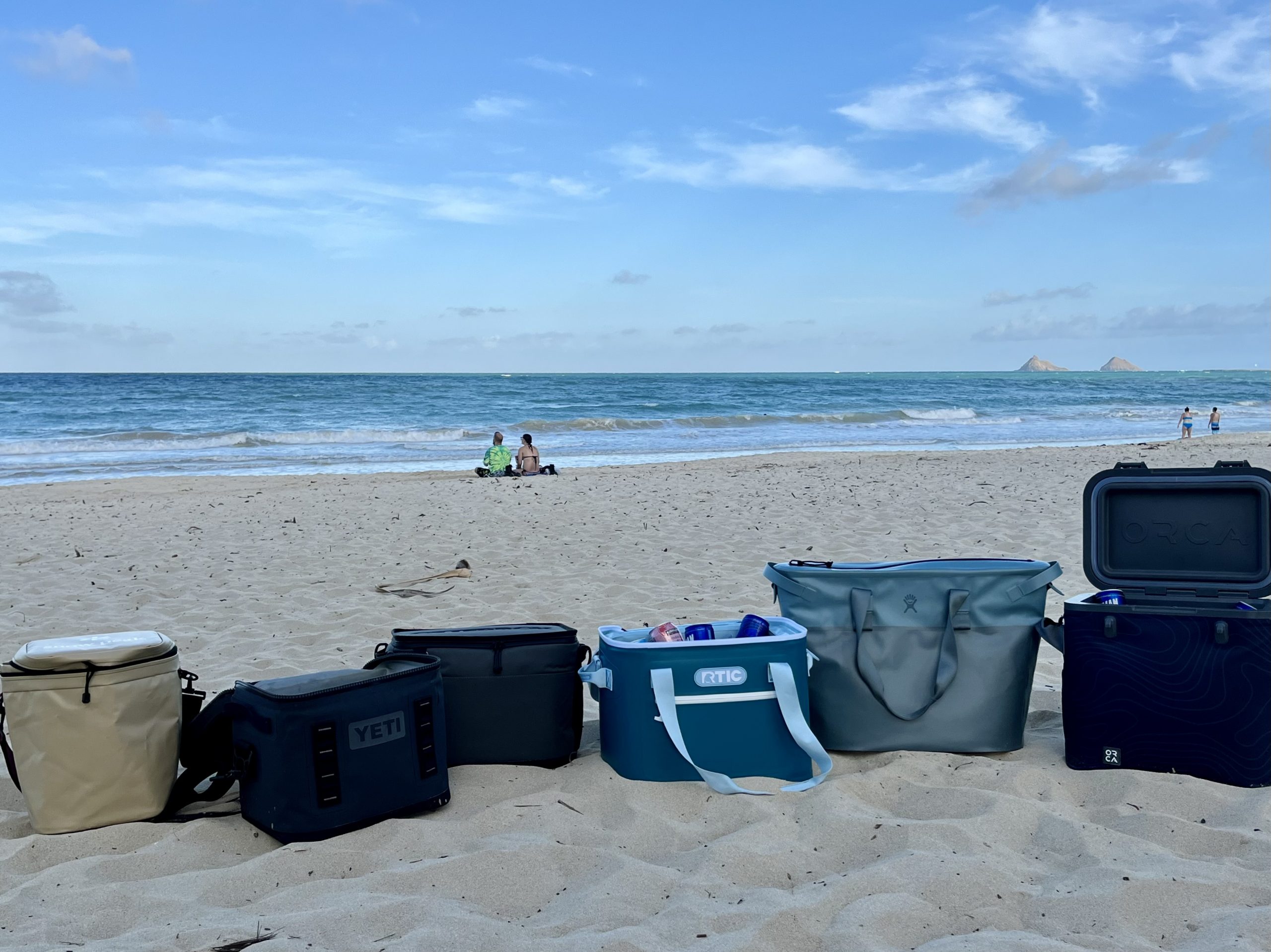 a variety of soft coolers lined up on the beach