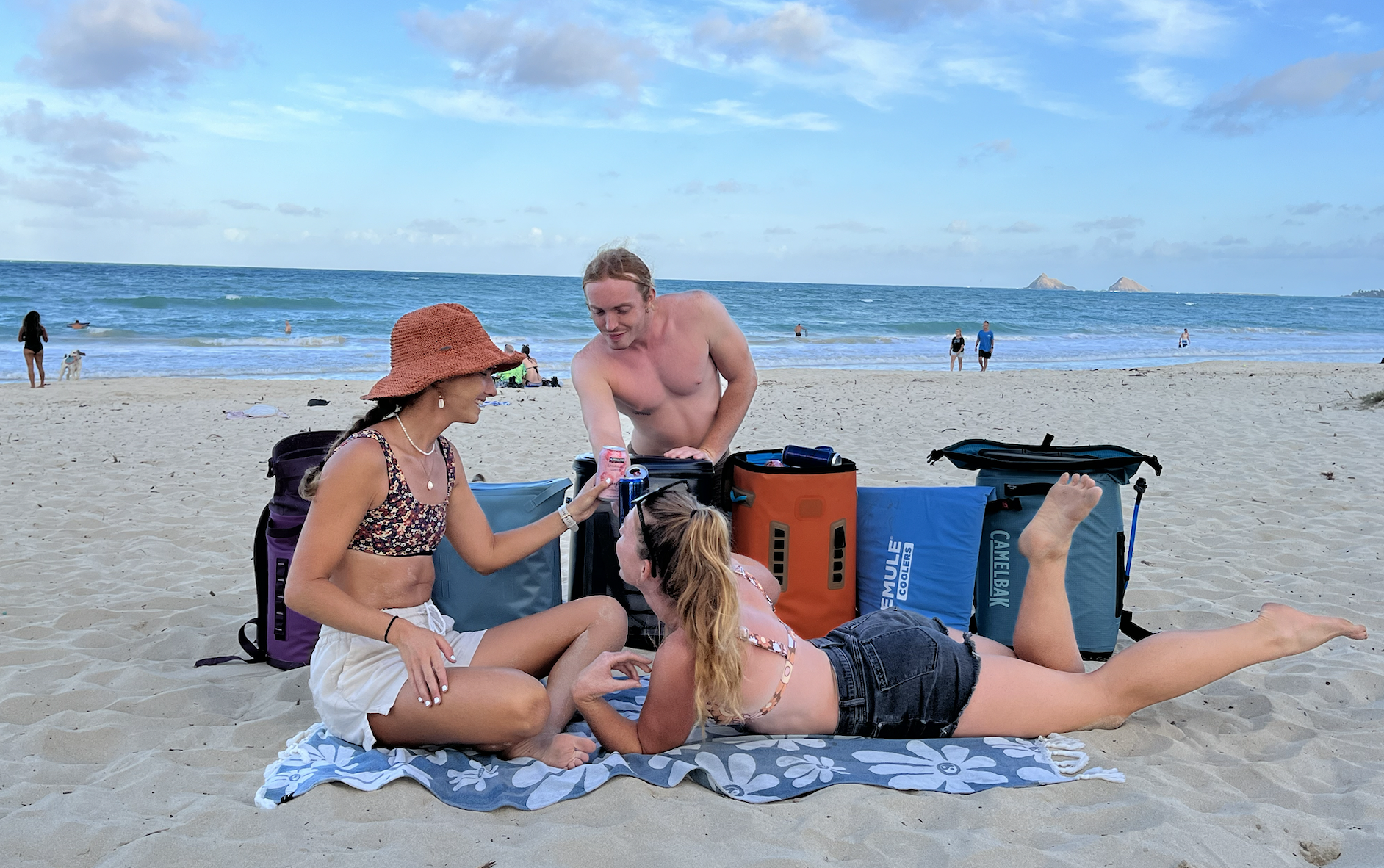 friends sitting on the beach cheering their drinks