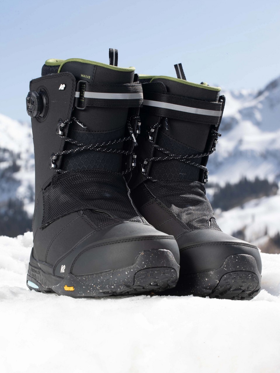 The k2 waive splitboard boots displayed in the mountains