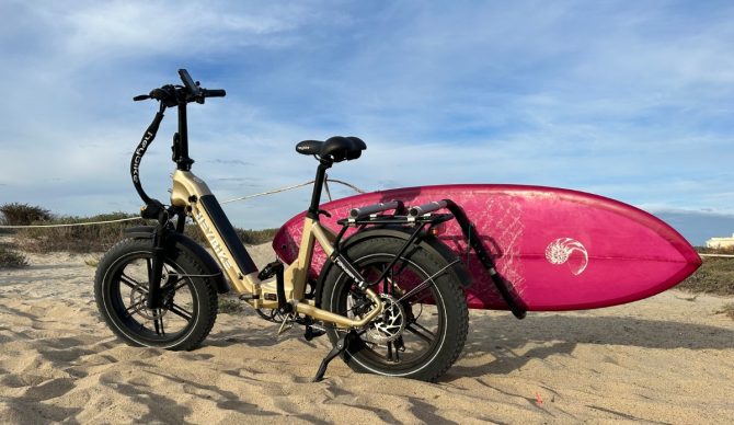 Heybike Ranger S Fat Tire Electric Bike with a surfboard rack makes the commute to surf a cinch. Photo: The Inertia