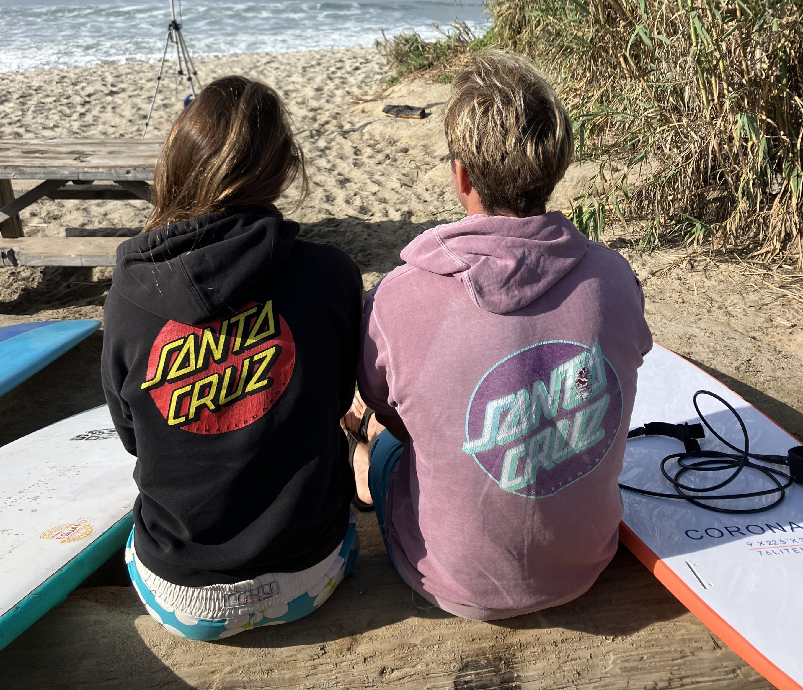 hanging out with some beginner surfboards