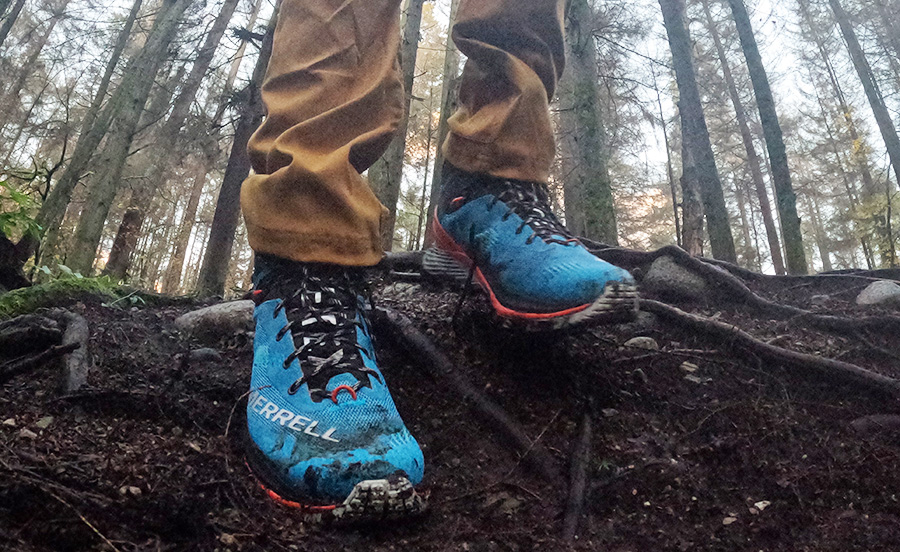 A front-on closeup view of the Merrell Thermo Rogue 4 GTX hiking boots in the forest