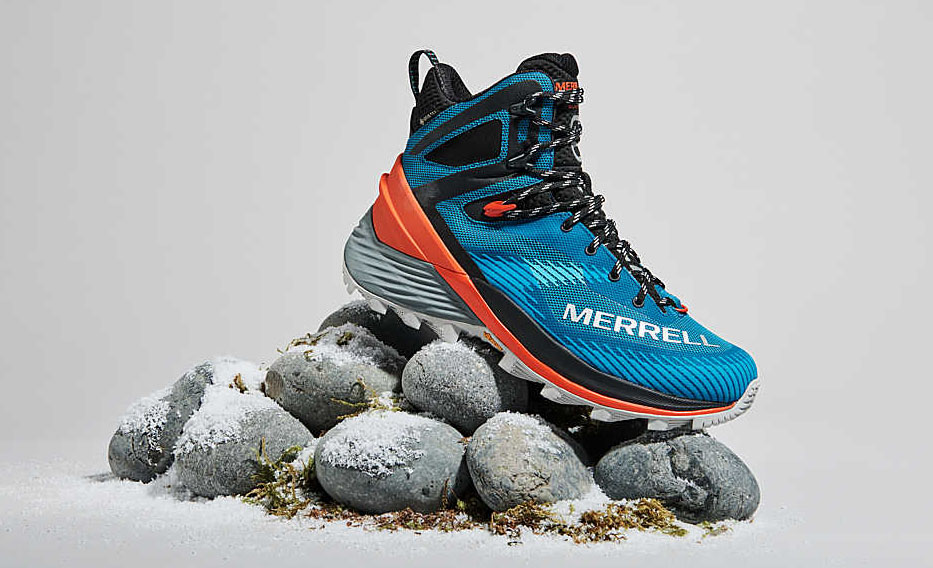 a studio shot of the merrell thermo rogue 4 gtx hiking boots on a pile of rocks