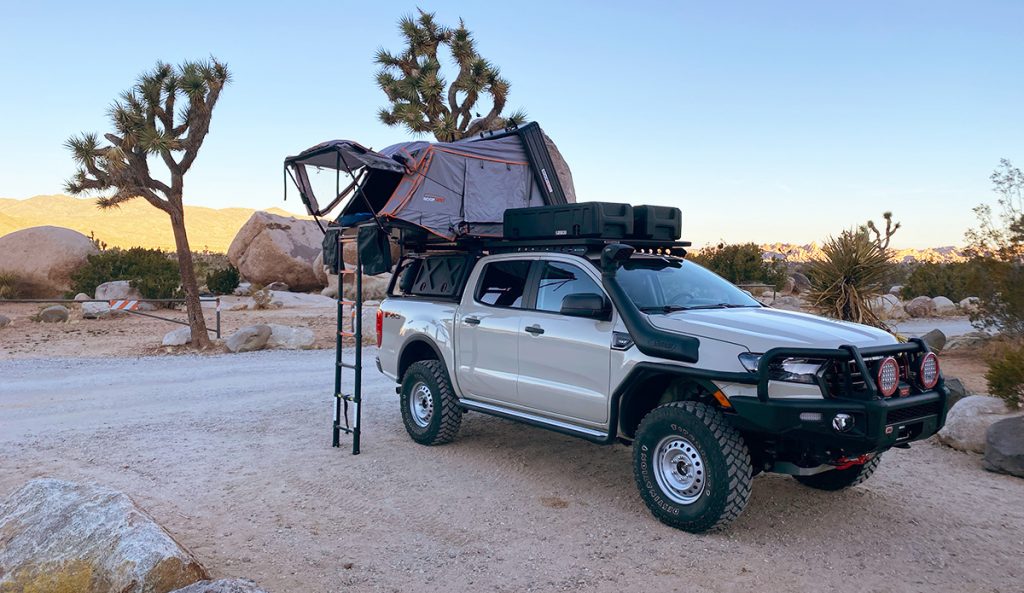 a truck with the condor 2 rooftop tent parked in Joshua Tree national park