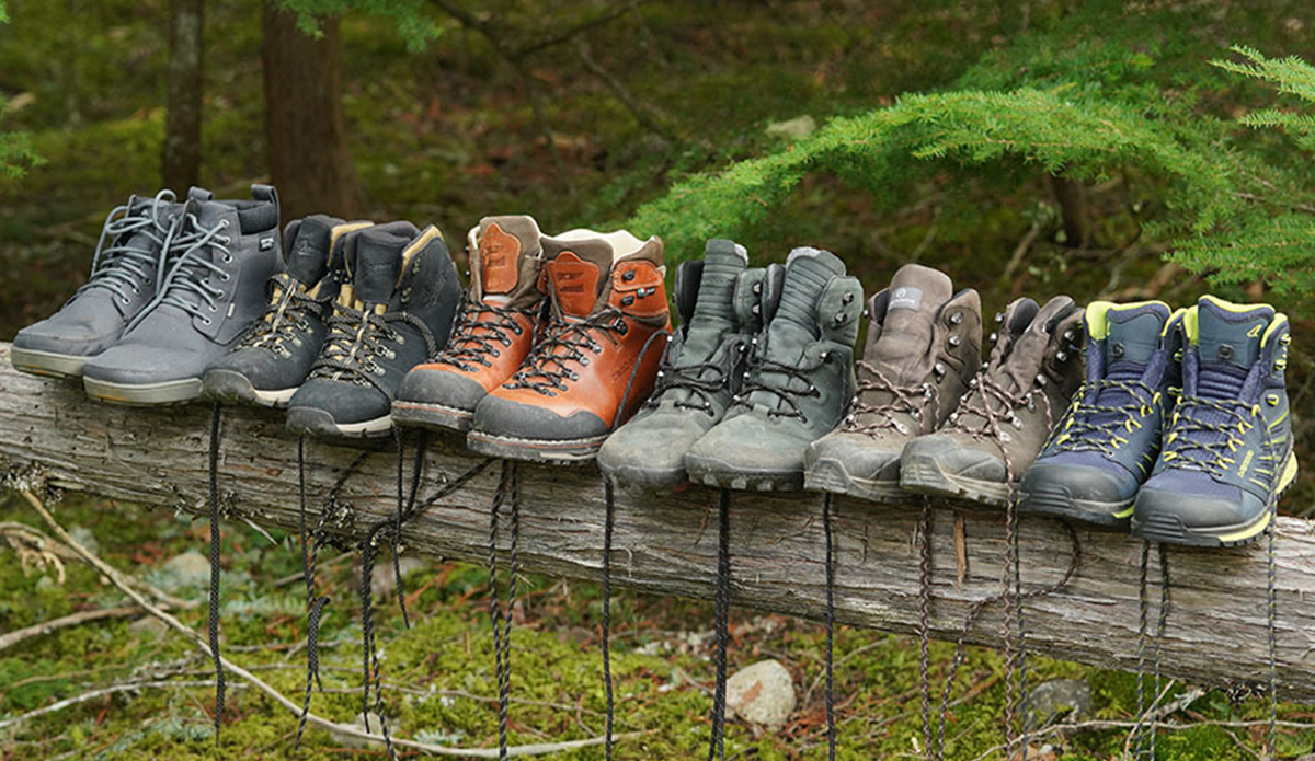 a row of hiking boots