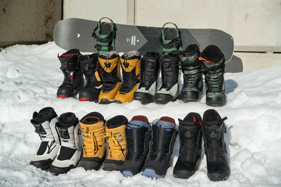 a group shot of our favorite snowboard boots for 2023/24