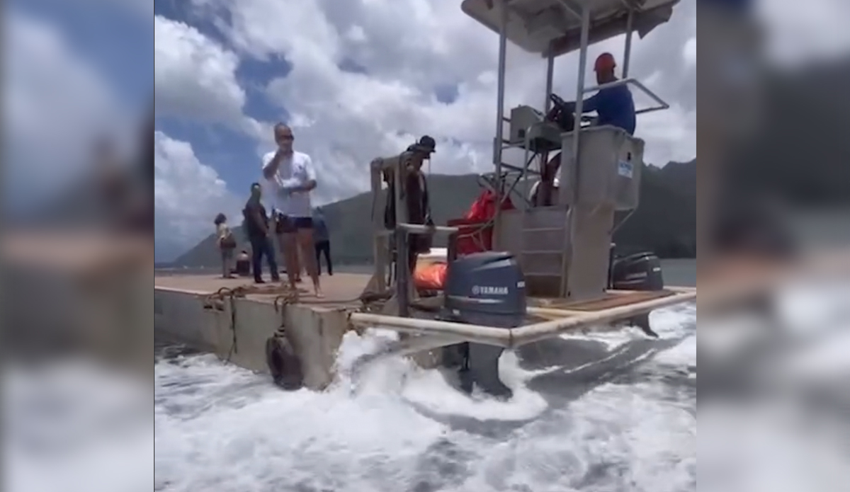 Video of the judging tower construction barge. Photo: Save Teahupoo // Instagram