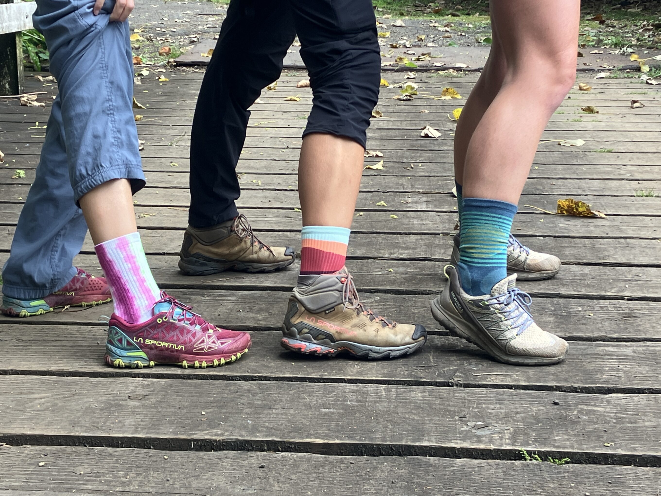 three sets of legs, all wearing a variety of hiking socks and hiking shoes/boots
