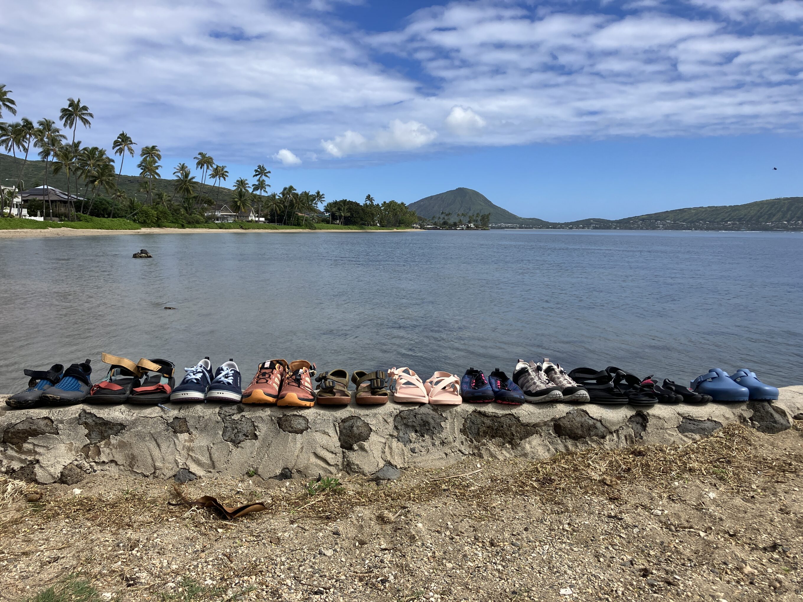 A line of water shoes on a brick wall with water in the background