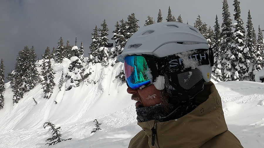 A profile view of the Smith 4D Mag Goggles in Whistler, BC, Canada