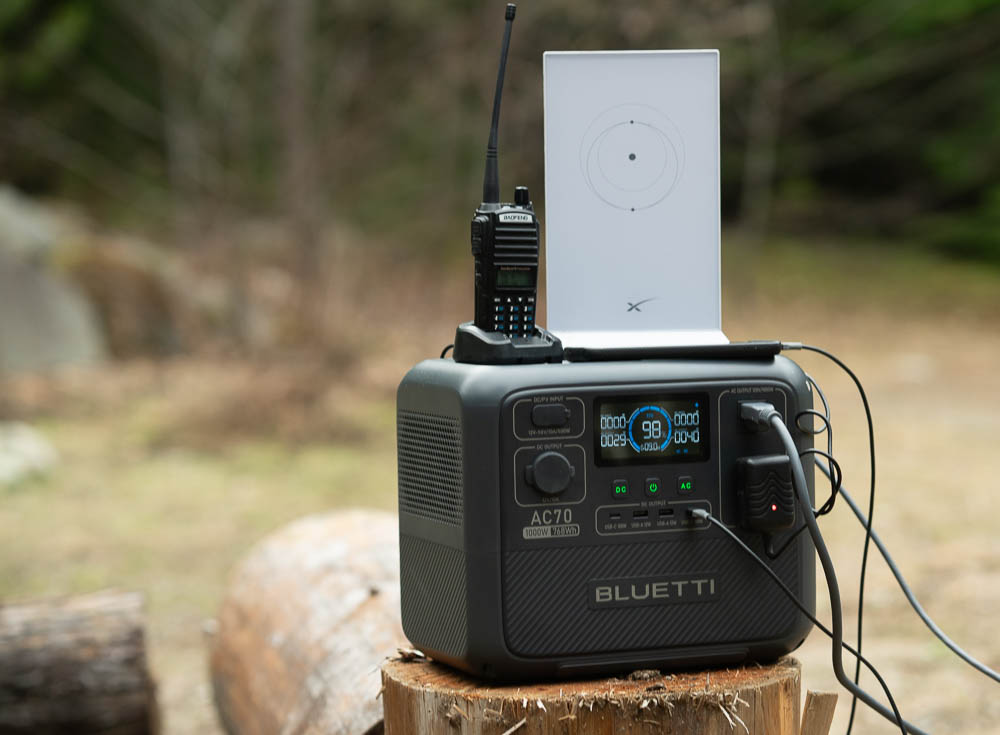testing the Bluetti AC70 Power Station in the outdoors with a starlink satellite