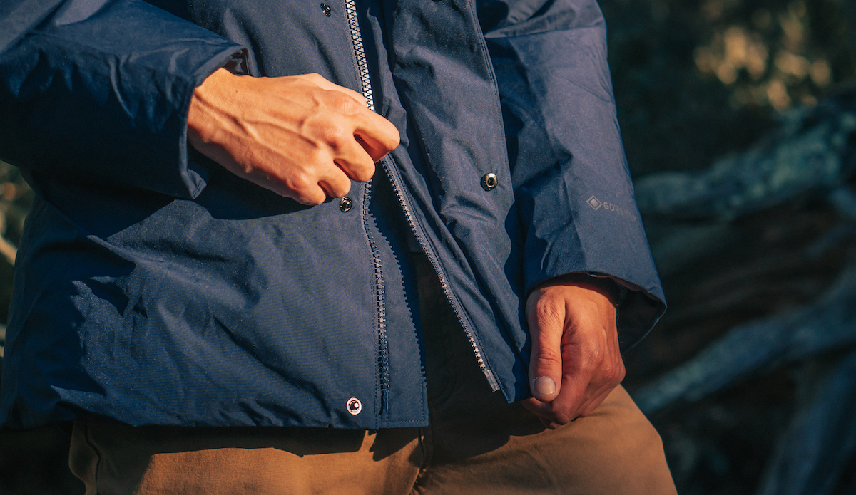 The snap closure and storm placket on the Patagonia Stormshadow Parka