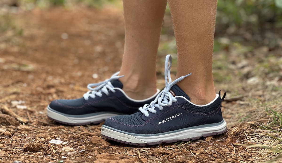 close up of astral Brewess 2.0 water shoes on a trail