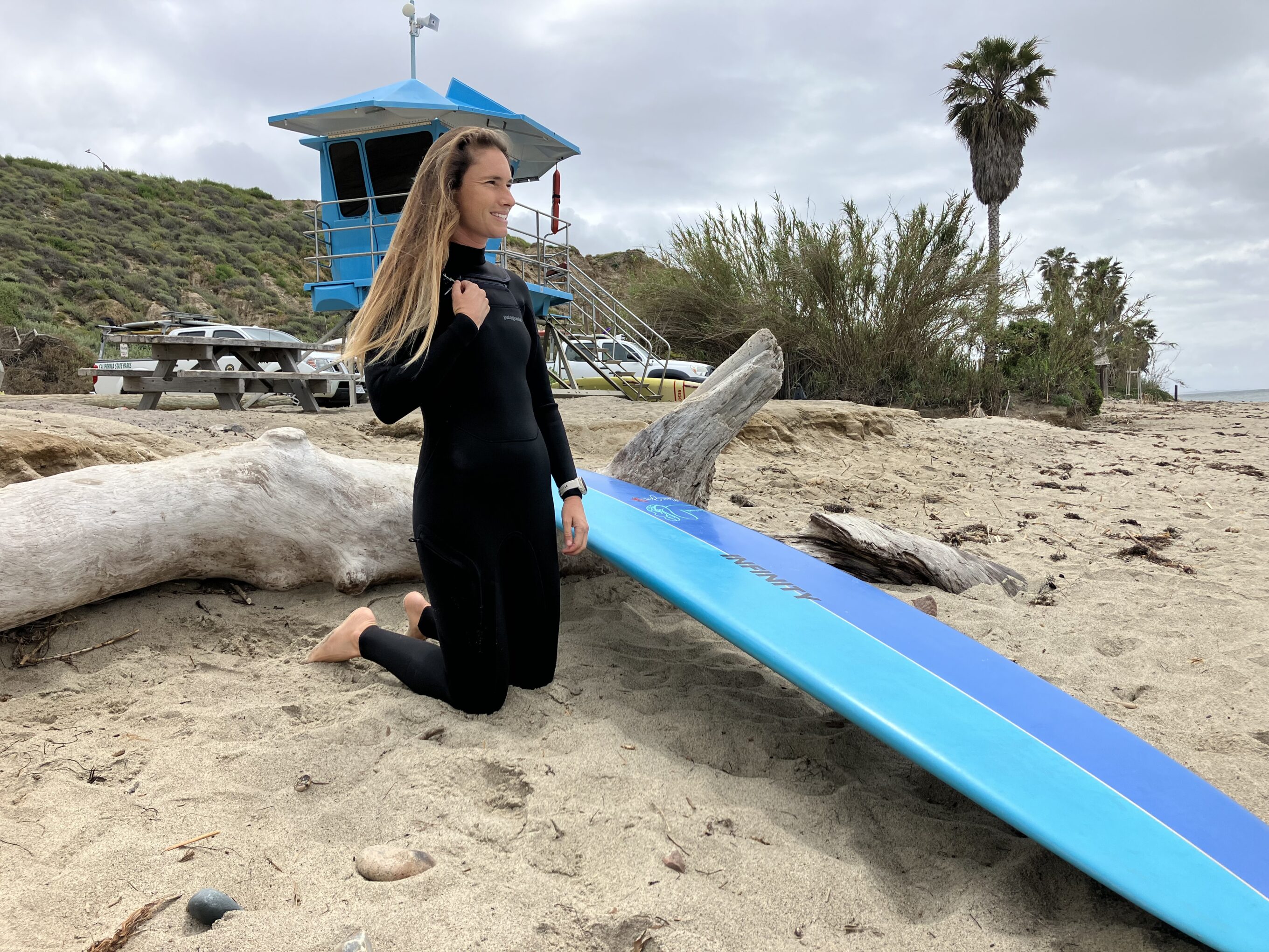 women in a wetsuit on the beach