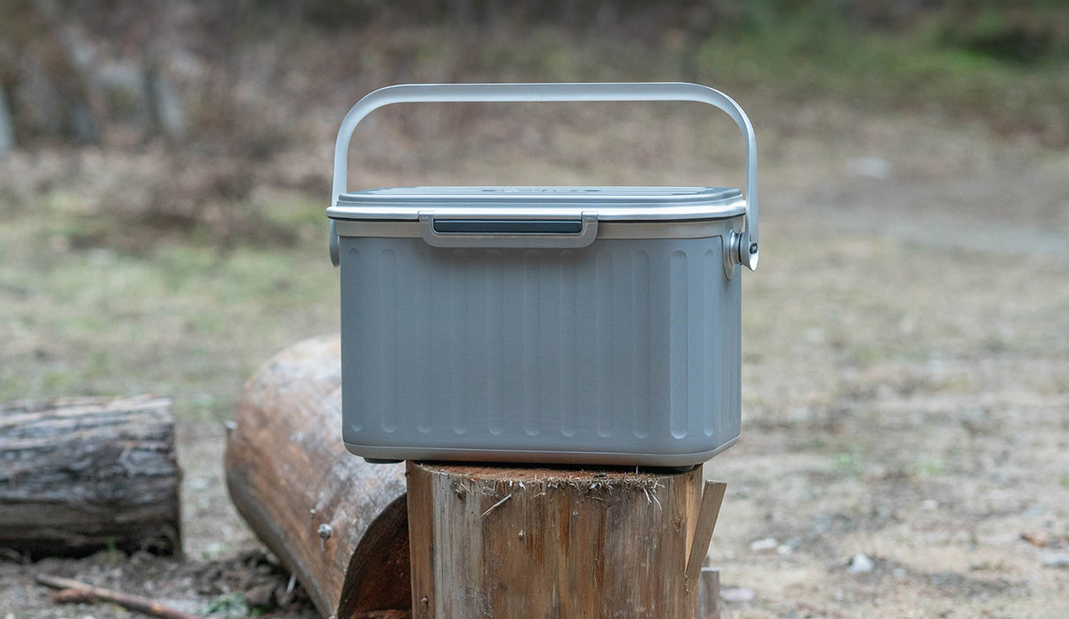The Oyster Tempo cooler sitting on a log in the forest