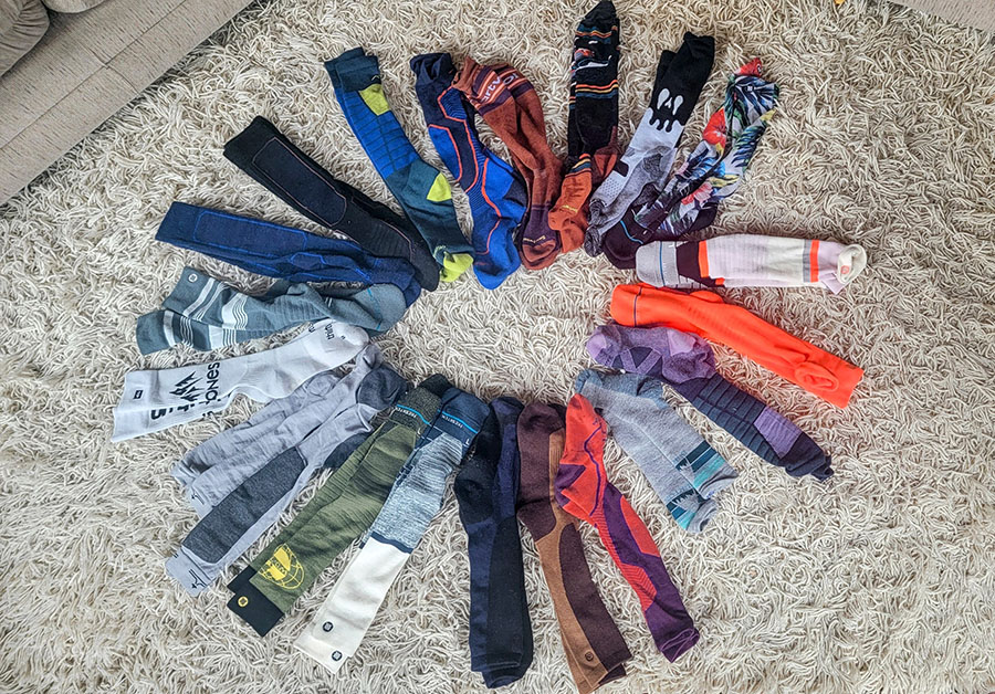 an assortment of snowboard socks for our review of the top choices