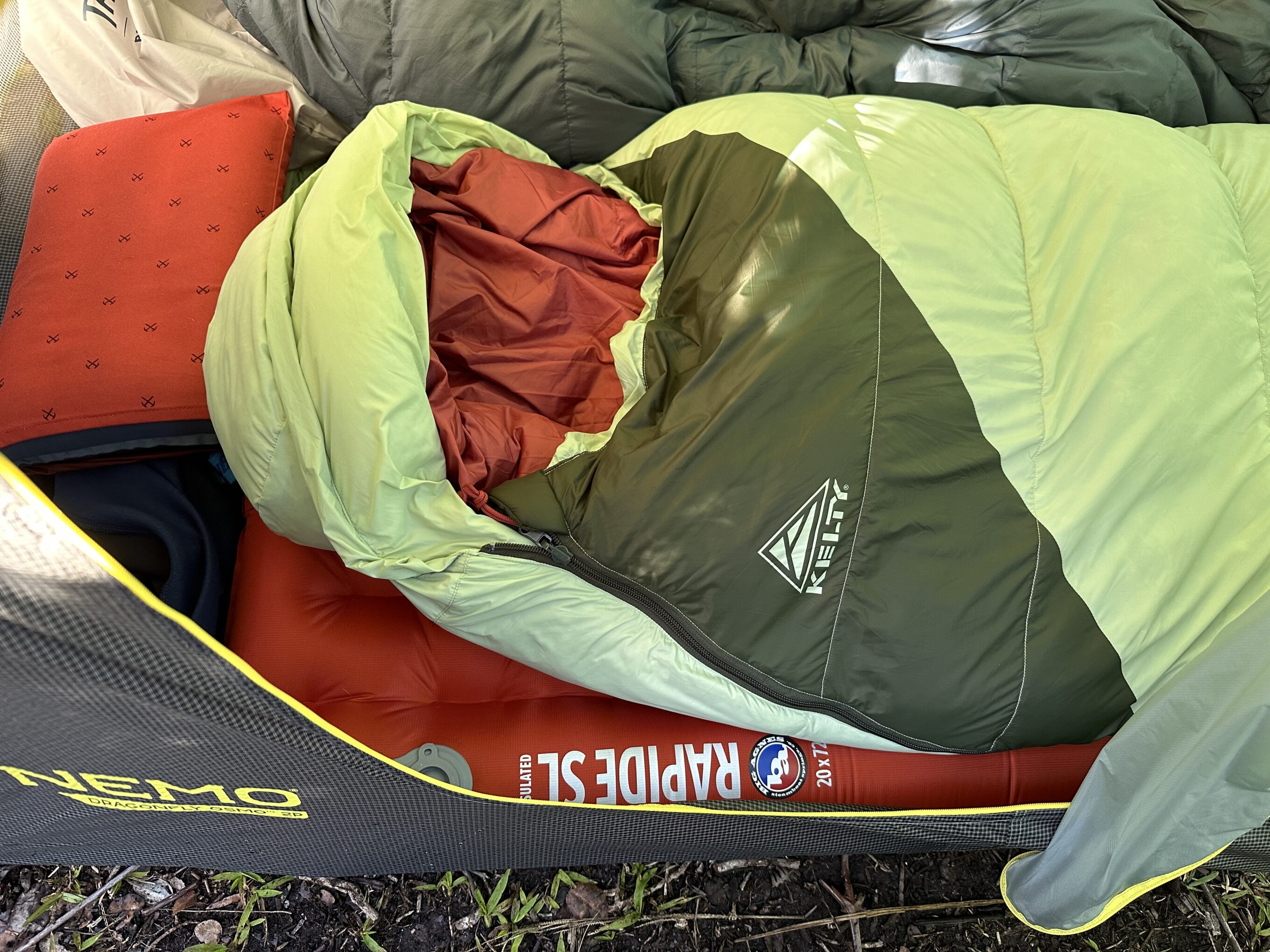 a close up of the top half of a Kelty Cosmic 20, one of the backpacking sleeping bags we tested for this guide