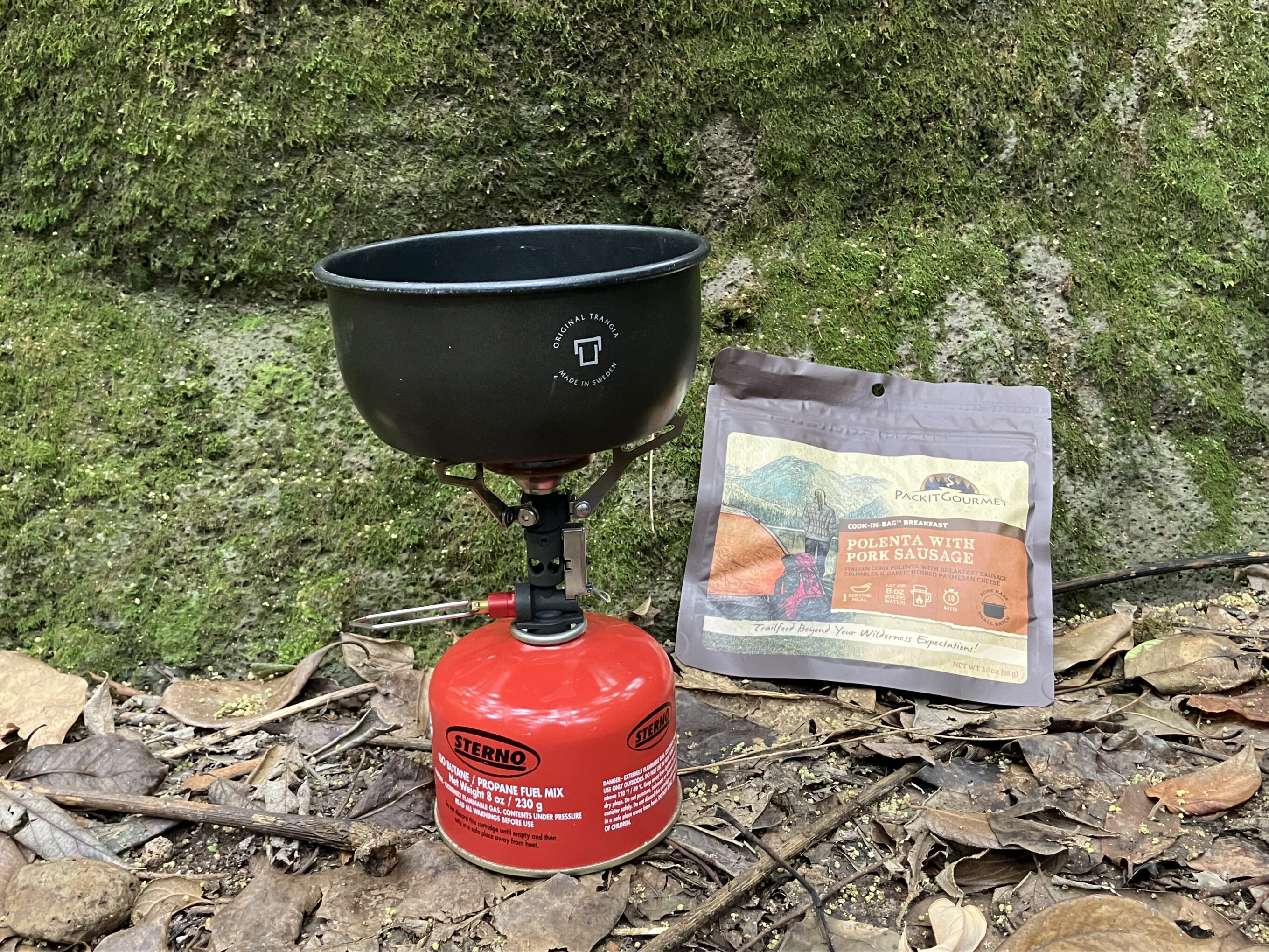 The MSR PocketRocket Deluxe next to a mossy rock, one of the many backpacking stoves we tested for this guide