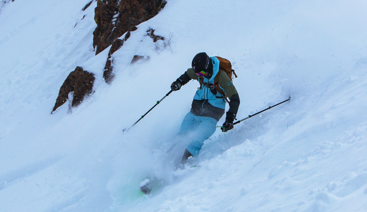 Skiing in the Strafe Outerwear Nomad Ski Jacket and Bibs